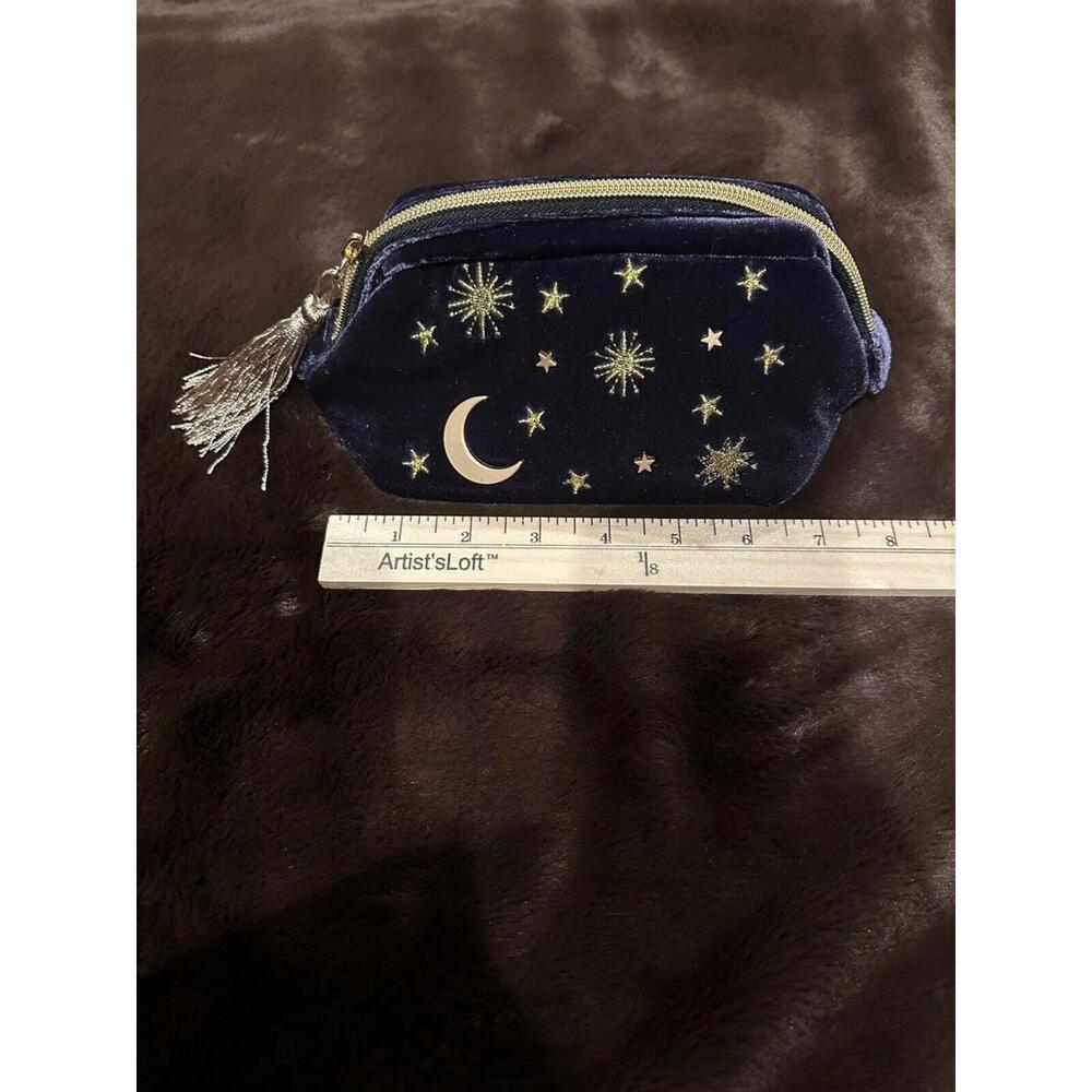 Starry Makeup Pouch with Tassels & Pearl Zipper - Navy Velvet Cosmetic Bag